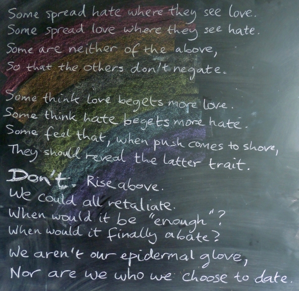 A poem on a chalkboard, on a rainbow background. Text given in image description.